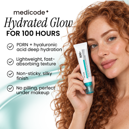Woman holding Anua PDRN Hyaluronic Acid 100 Moisturizing Cream beside her face
