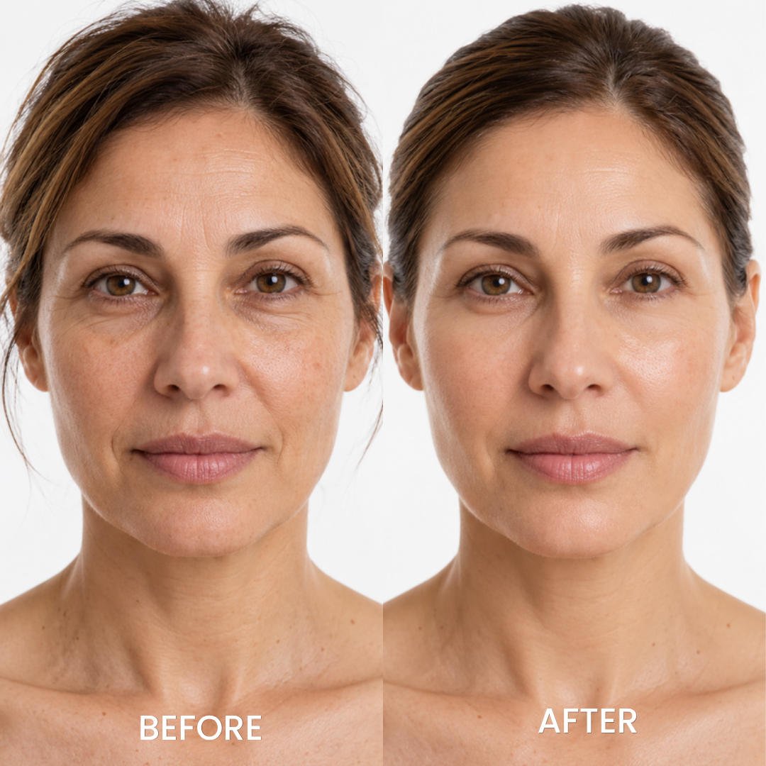 Before and after face photos of a woman using Anua PDRN Hyaluronic Acid Cream