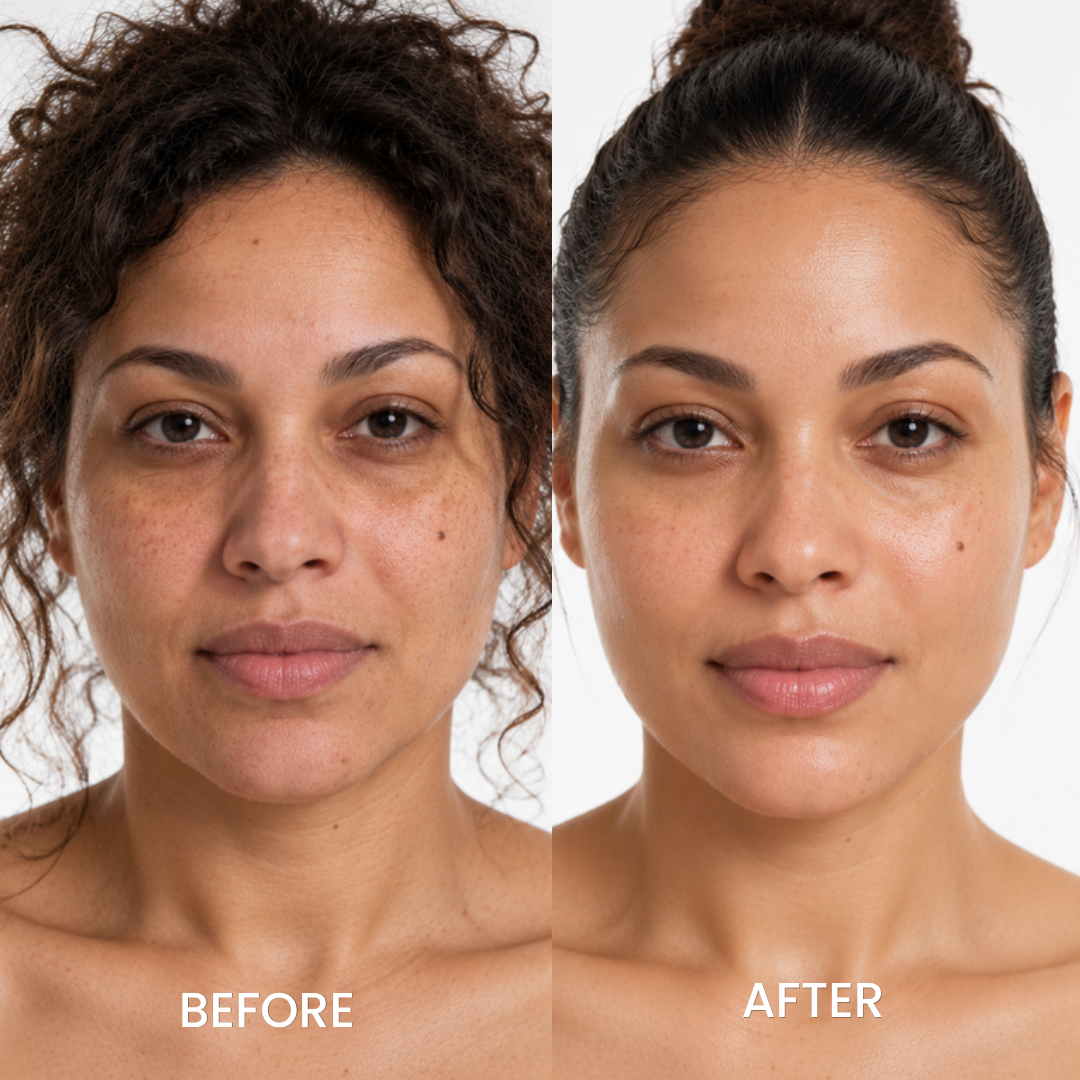 Before and after face photos of a woman using Anua PDRN Hyaluronic Acid Cream