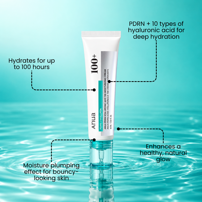 Anua PDRN Hyaluronic Acid 100 Moisturizing Cream tube on water with feature callouts