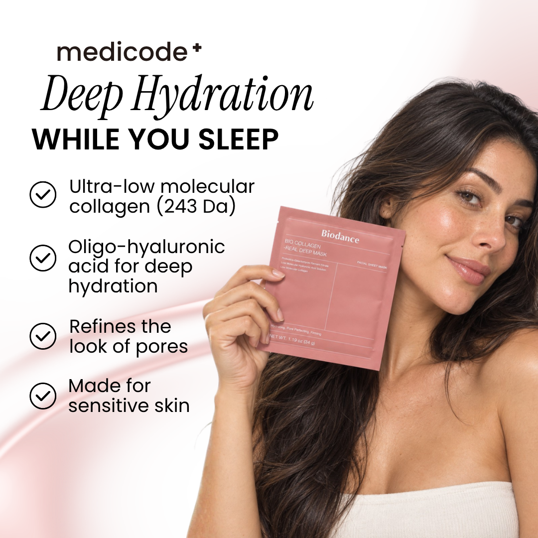 Woman holding a Biodance Bio-Collagen Real Deep Mask sachet beside her face