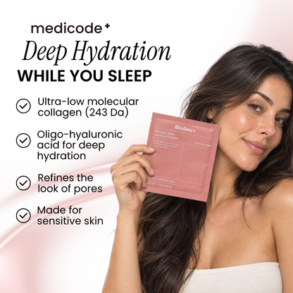 Woman holding a Biodance Bio-Collagen Real Deep Mask sachet beside her face