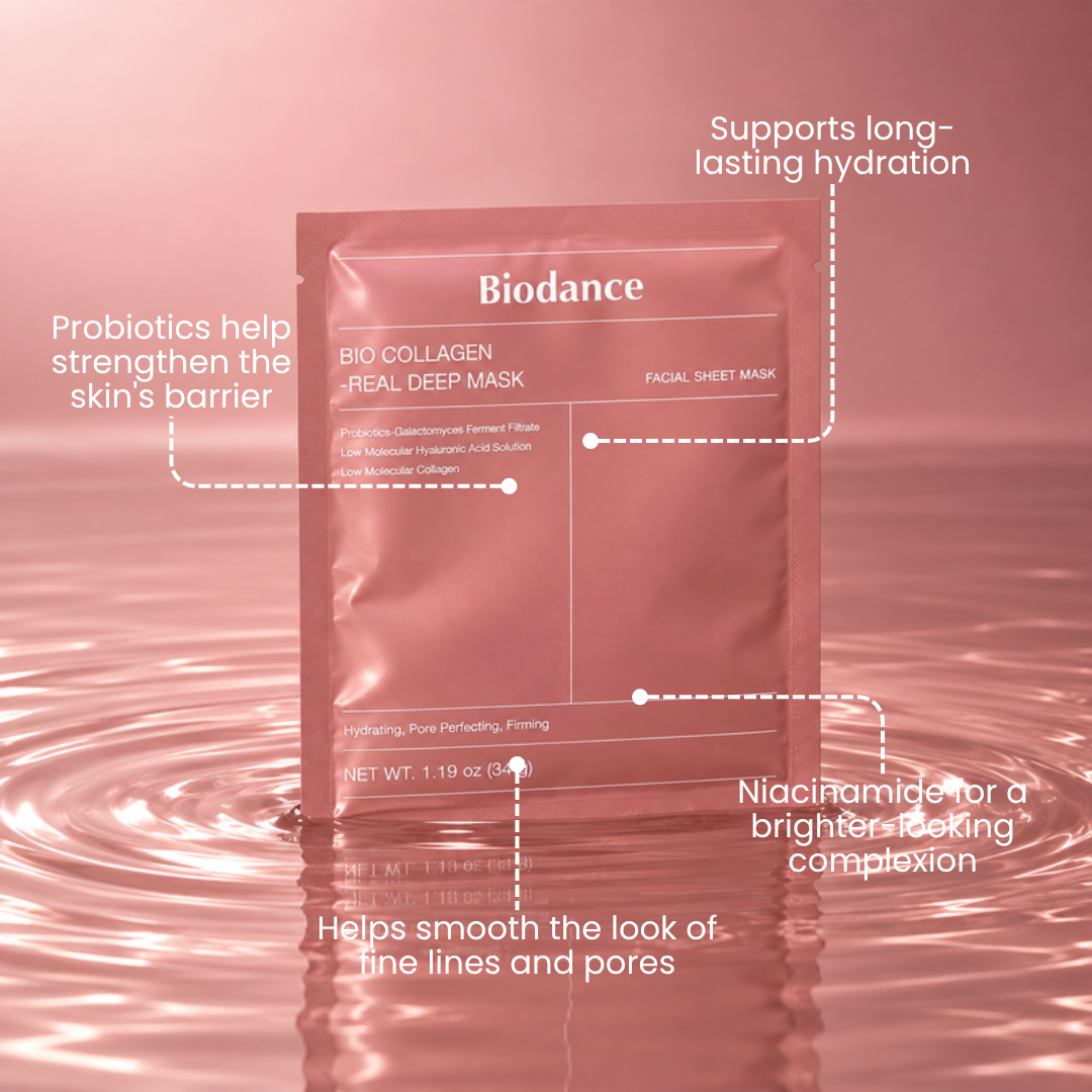 Biodance Bio-Collagen Real Deep Mask sachet standing in pink water