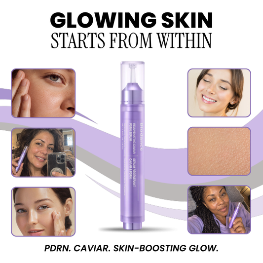 Biodance Rejuvenating Caviar PDRN Serum with close-ups of glowing skin