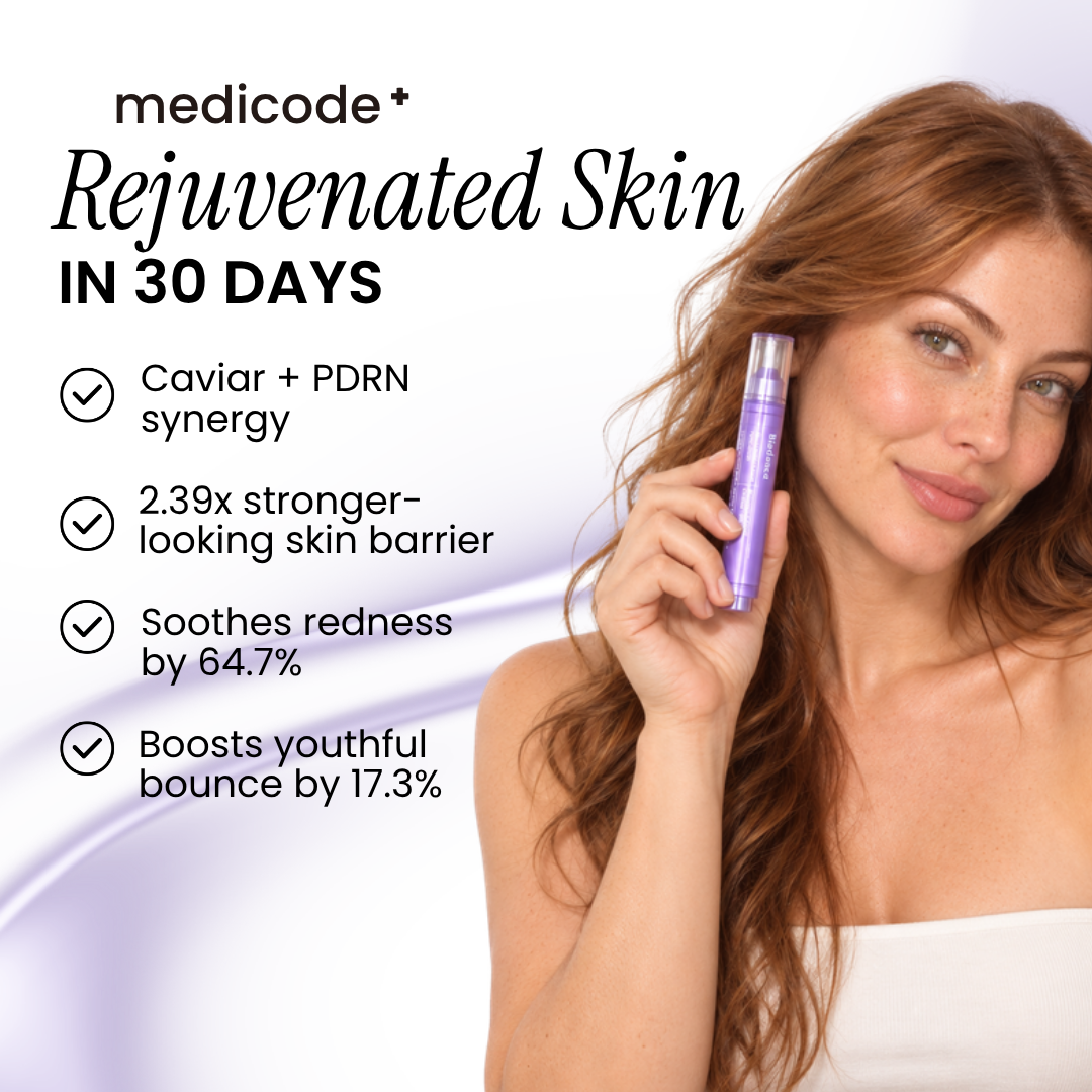 Woman holding Biodance Rejuvenating Caviar PDRN Serum beside her face with benefit list