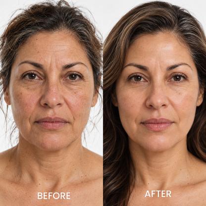 Before and after studio portraits of a woman using Biodance Caviar PDRN Serum