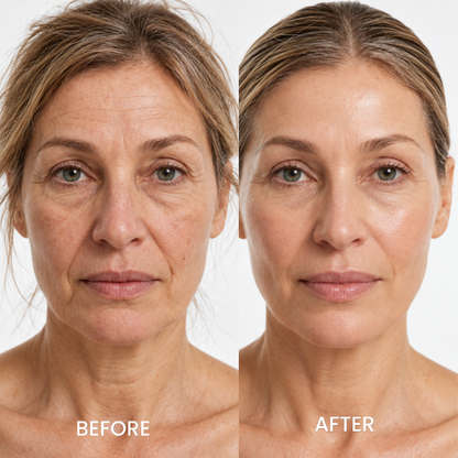 Before and after studio portraits of a woman using Biodance Caviar PDRN Serum