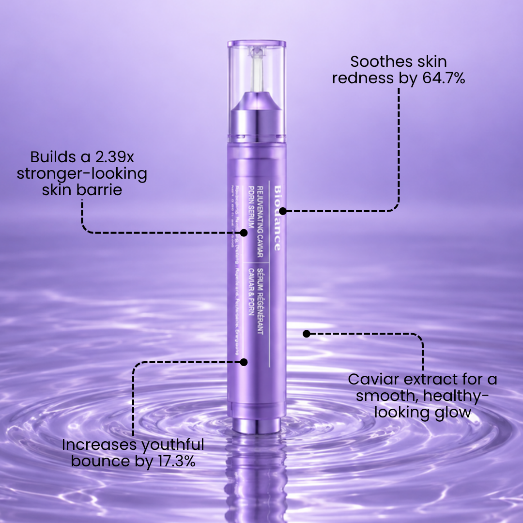 Biodance Rejuvenating Caviar PDRN Serum standing in lilac water with callouts