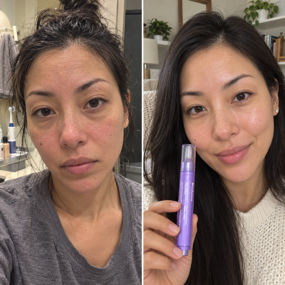 Biodance Caviar PDRN Serum, dewy look before and after