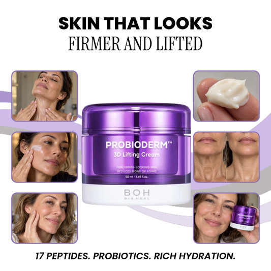 BIOHEAL BOH Probioderm 3D Lifting Cream jar with lifestyle photos