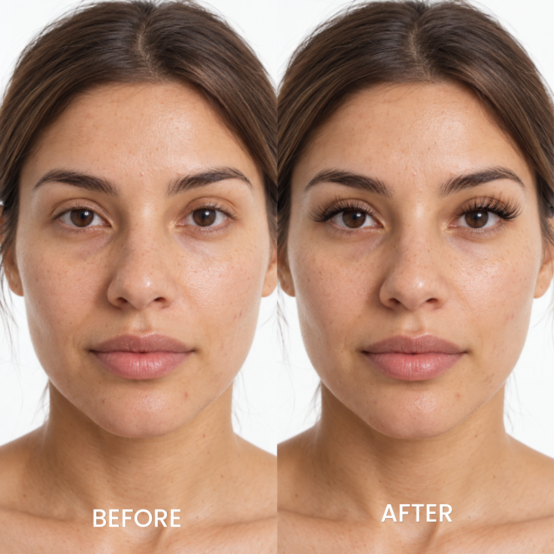 Before and after studio photos of a woman wearing Cofier cat eye lash clusters