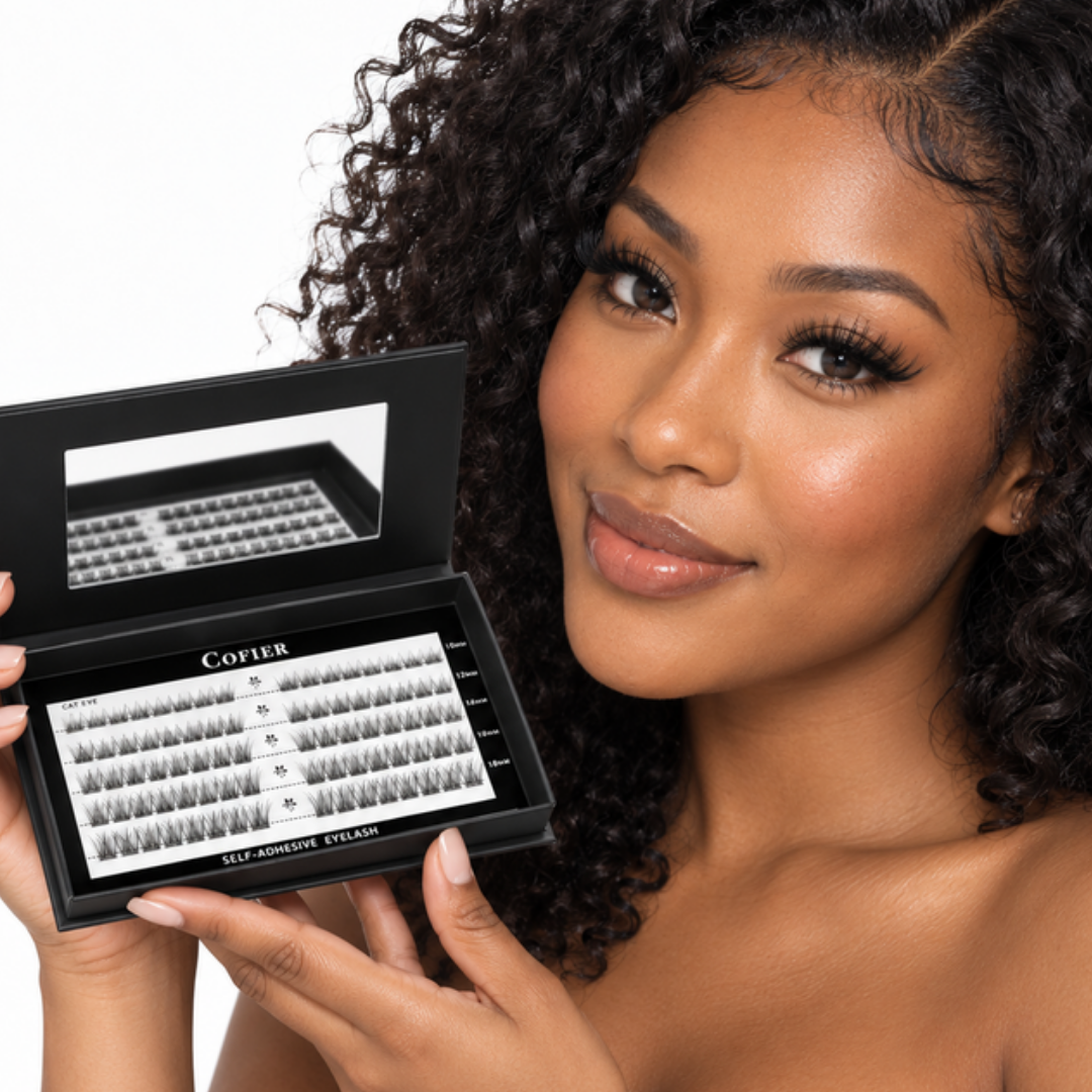 Smiling woman holding the open Cofier High Quality Eyelashes Clusters Kit next to her face
