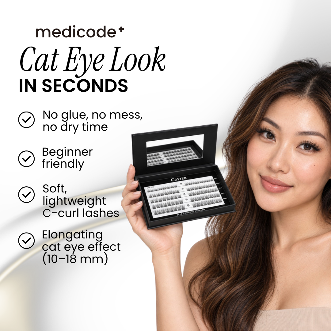 Woman holding the Cofier High Quality Eyelashes Clusters Kit with a list of kit features
