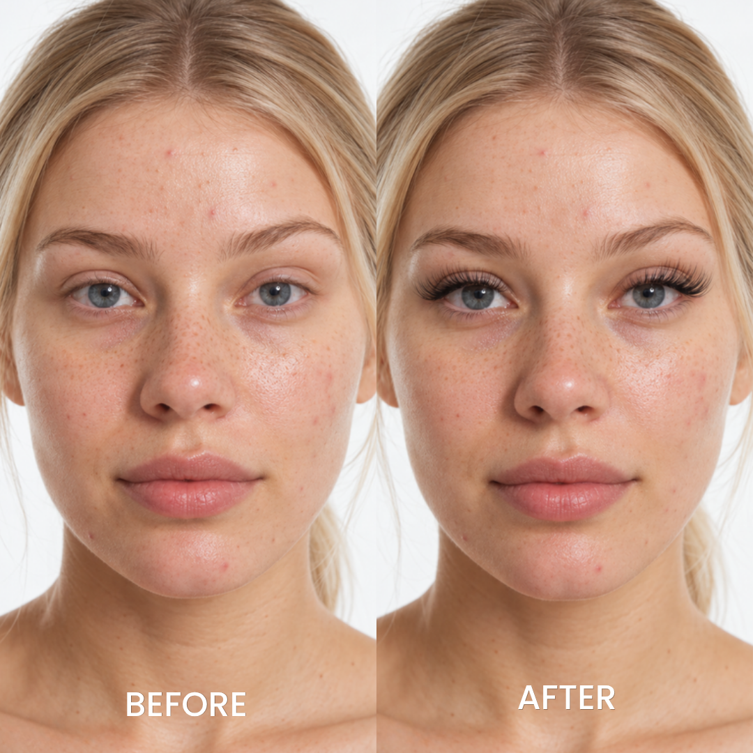 Before and after studio photos of a blonde woman wearing Cofier cat eye lash clusters