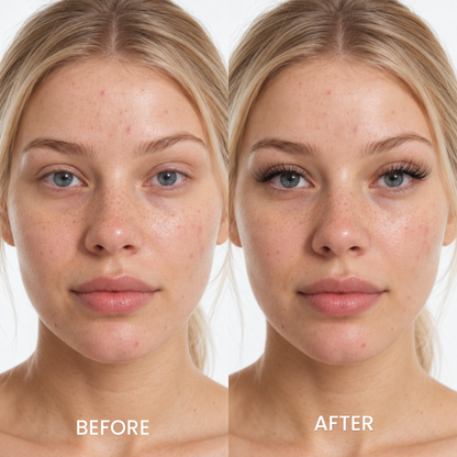 Before and after studio photos of a blonde woman wearing Cofier cat eye lash clusters