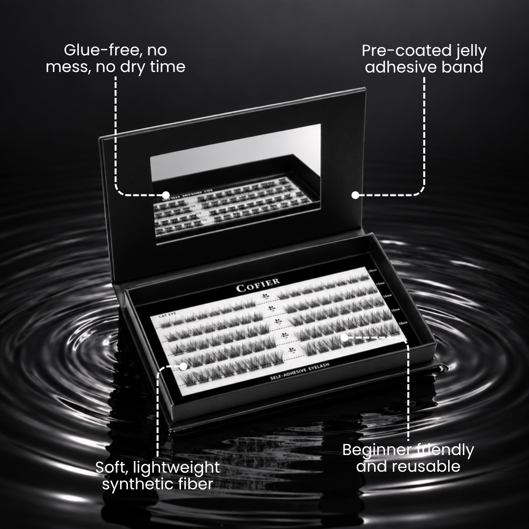 Cofier High Quality Eyelashes Clusters Kit open on dark water with feature callouts