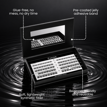 Cofier High Quality Eyelashes Clusters Kit open on dark water with feature callouts