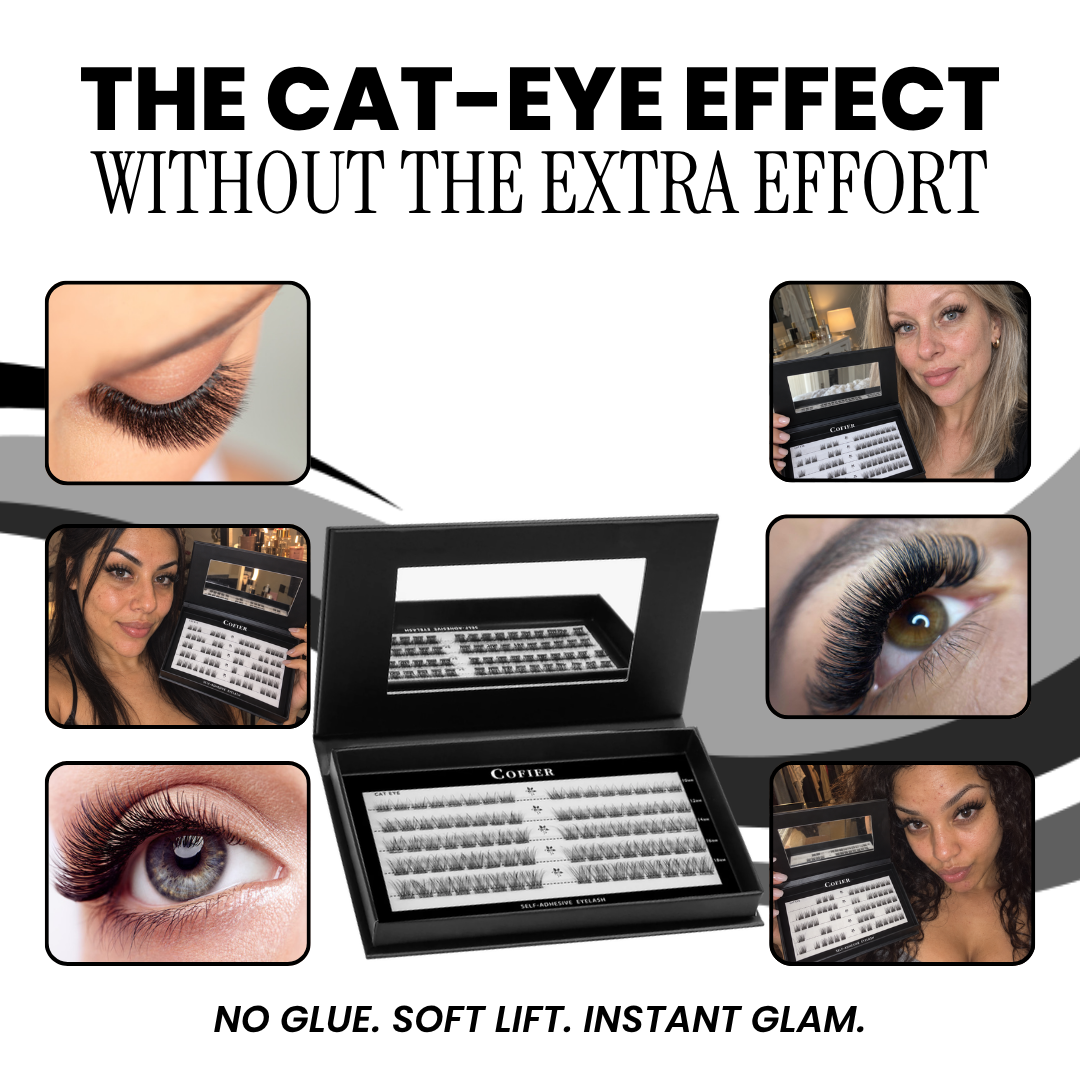 Cofier High Quality Eyelashes Clusters Kit with close-ups of cat eye lashes and customer selfies