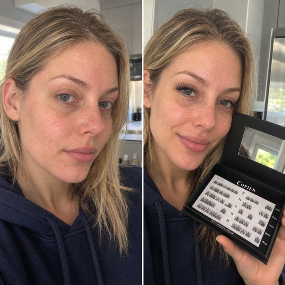 Cofier lash clusters, bare lashes next to a wispy cat-eye look