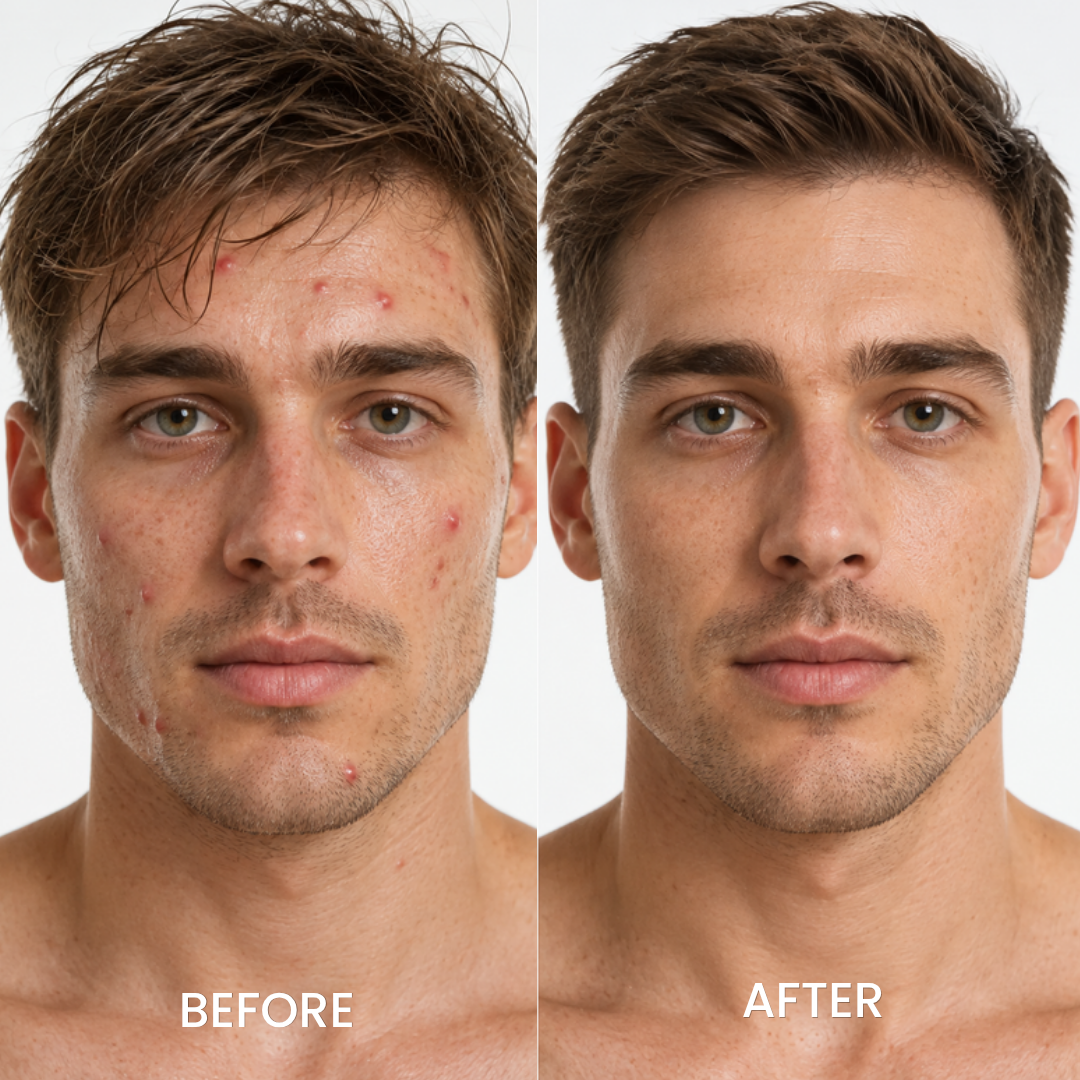 Before and after portraits of a man with Dr.Leo Drying Lotion
