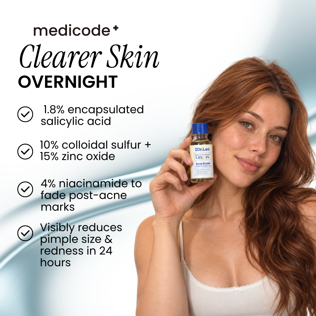 Woman holding a Dr.Leo Acne Buster drying lotion bottle next to her face