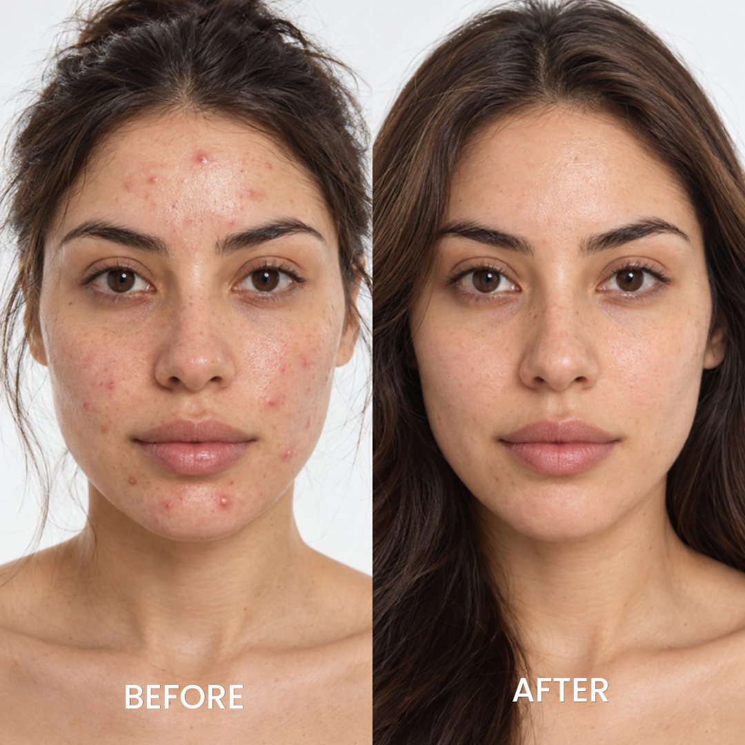 Before and after portraits of a woman with Dr.Leo Drying Lotion