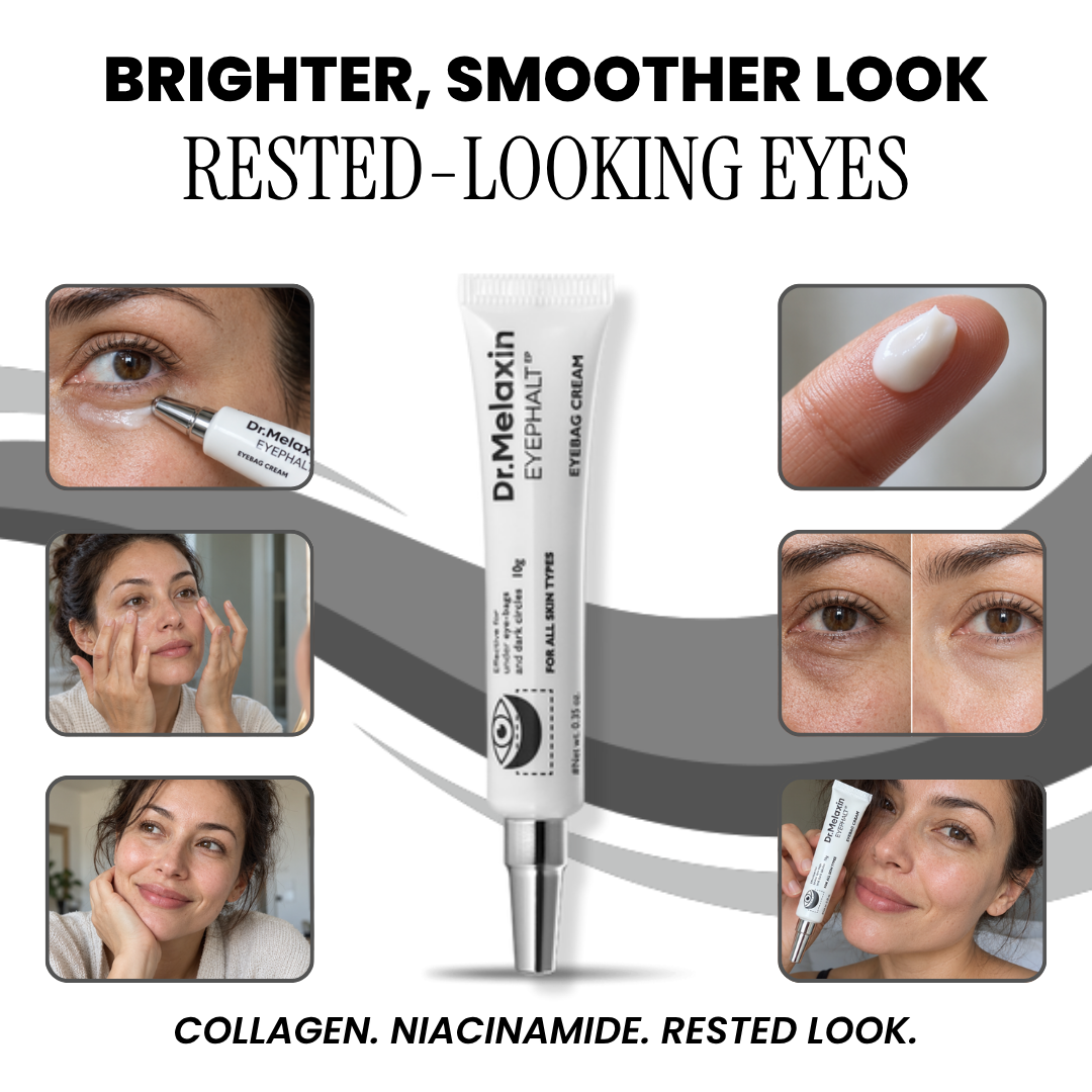 Dr.Melaxin Eyephalt eyebag cream tube with close-up application photos