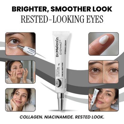 Dr.Melaxin Eyephalt eyebag cream tube with close-up application photos