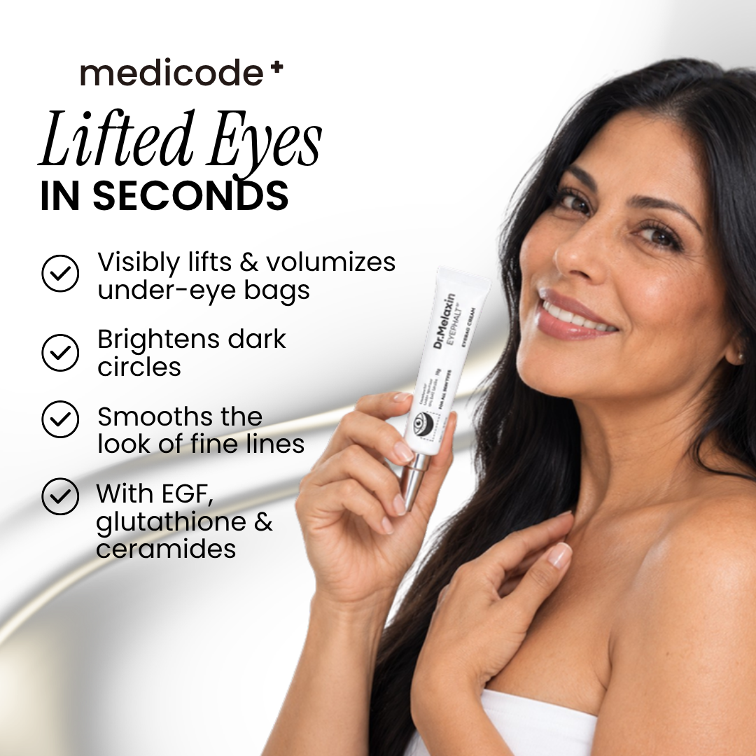 Woman holding Dr.Melaxin Eyephalt eyebag cream with a list of features