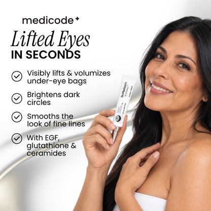Woman holding Dr.Melaxin Eyephalt eyebag cream with a list of features