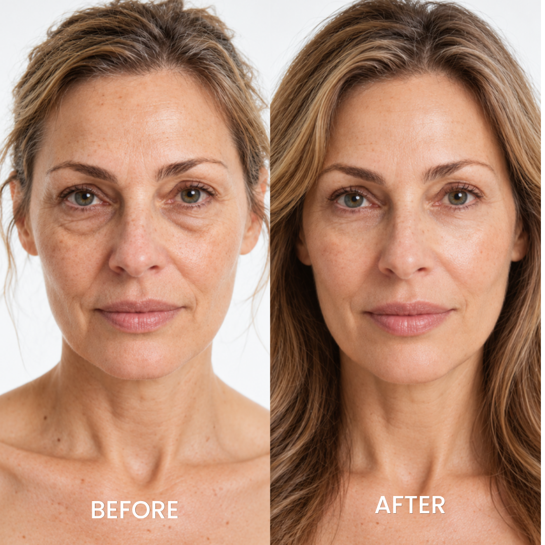 Before and after portraits of a woman using Dr.Melaxin Eyephalt eyebag cream
