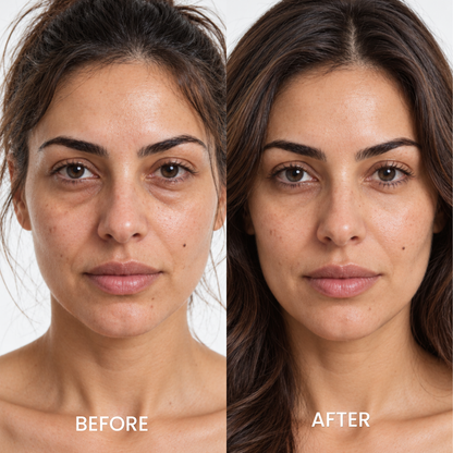 Before and after portraits of a woman using Dr.Melaxin Eyephalt eyebag cream