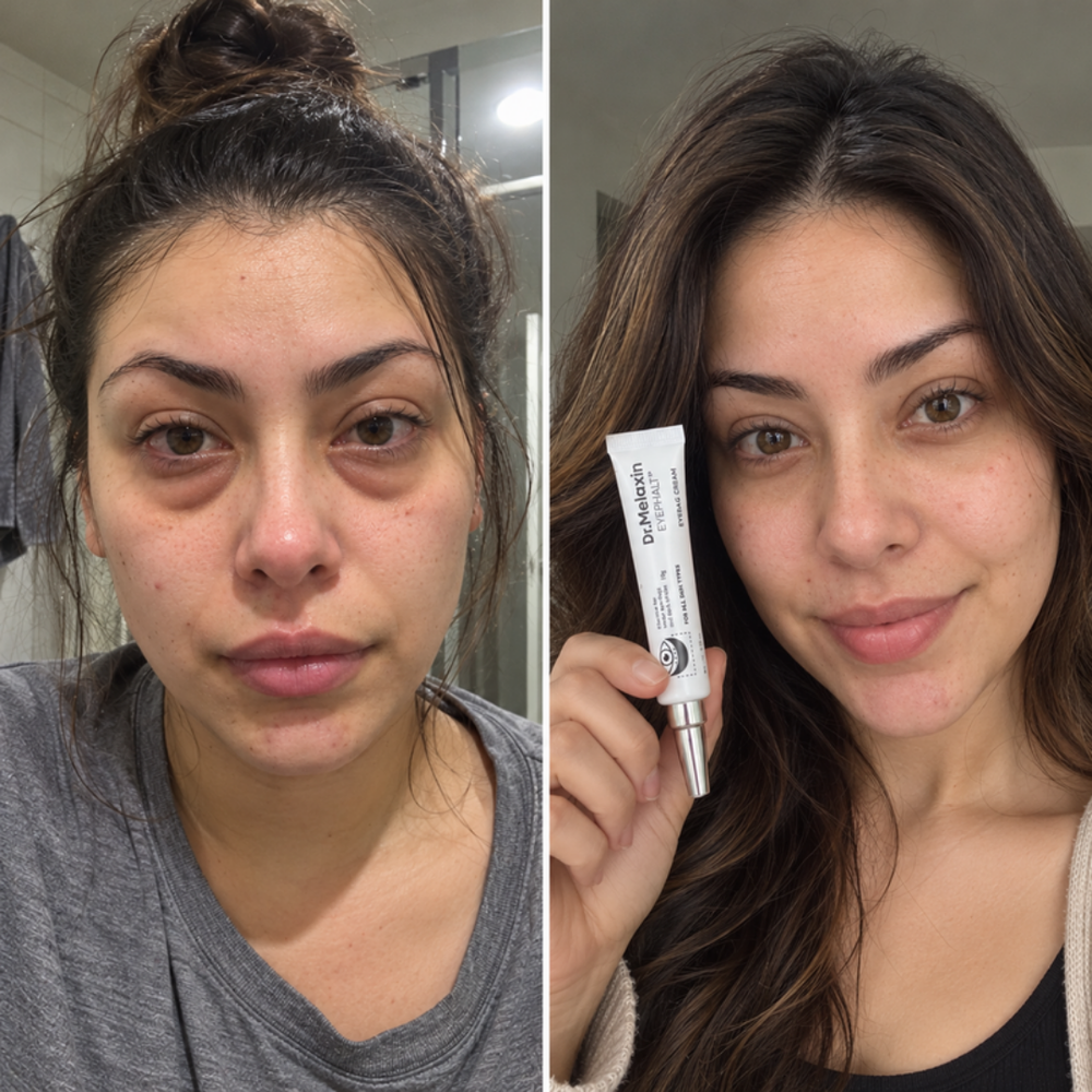 Smoother-looking under-eye area with Dr.Melaxin Eyephalt Eyebag Cream applied