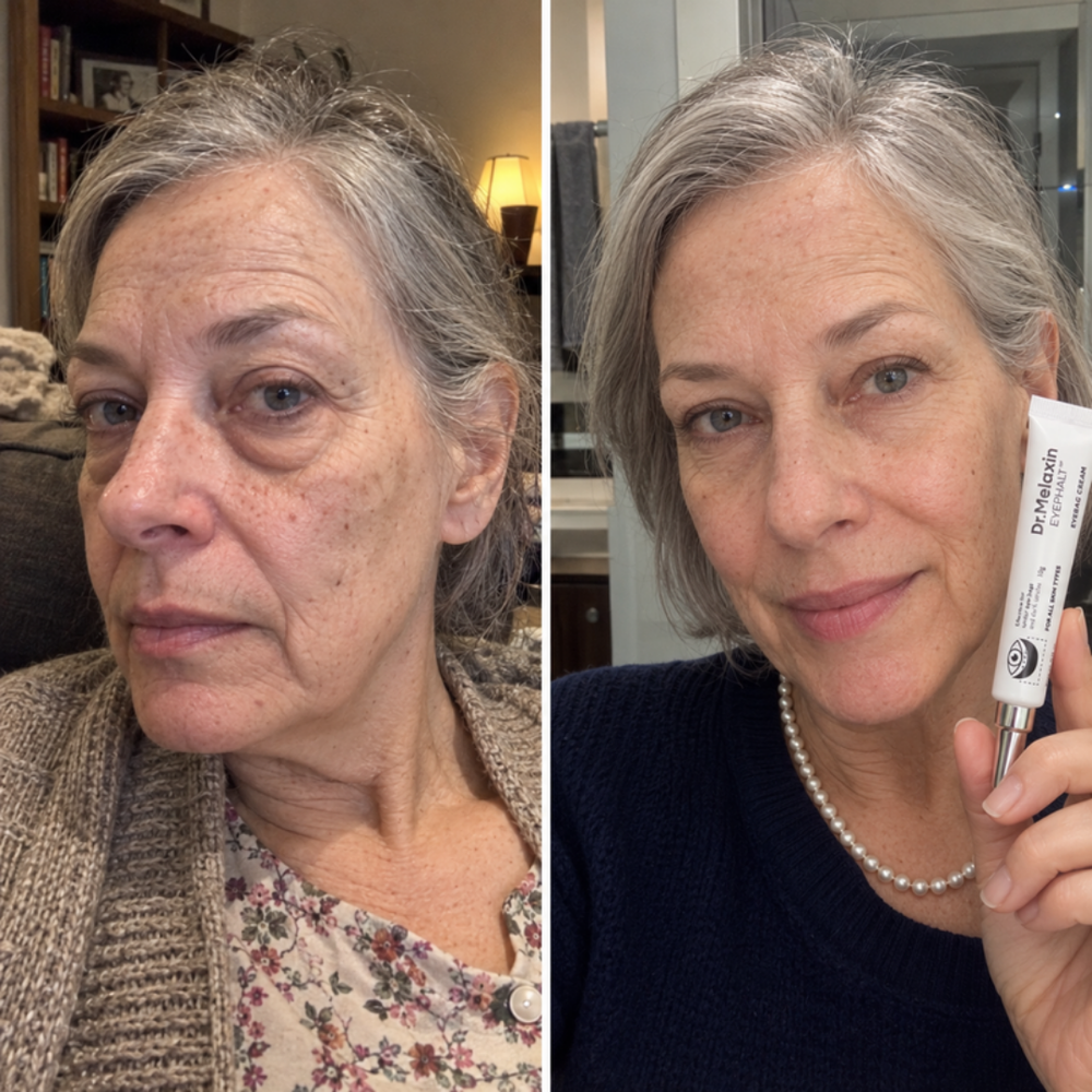 Applying Dr.Melaxin Eyephalt Eyebag Cream with spatula, under-eye before and after