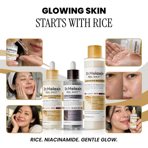 Dr.Melaxin Peel Shot rice ampoules and toner set with skin care close-ups