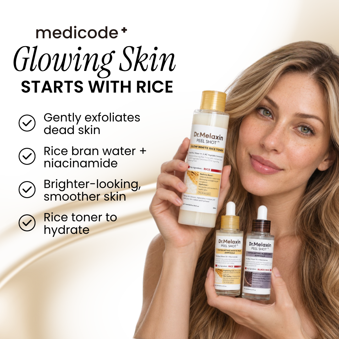 Woman holding Dr.Melaxin Peel Shot rice toner and ampoules beside her face