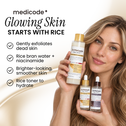 Woman holding Dr.Melaxin Peel Shot rice toner and ampoules beside her face