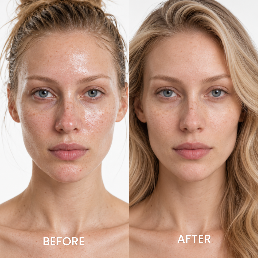 Before and after portrait of a woman with freckled skin, Dr.Melaxin Peel Shot
