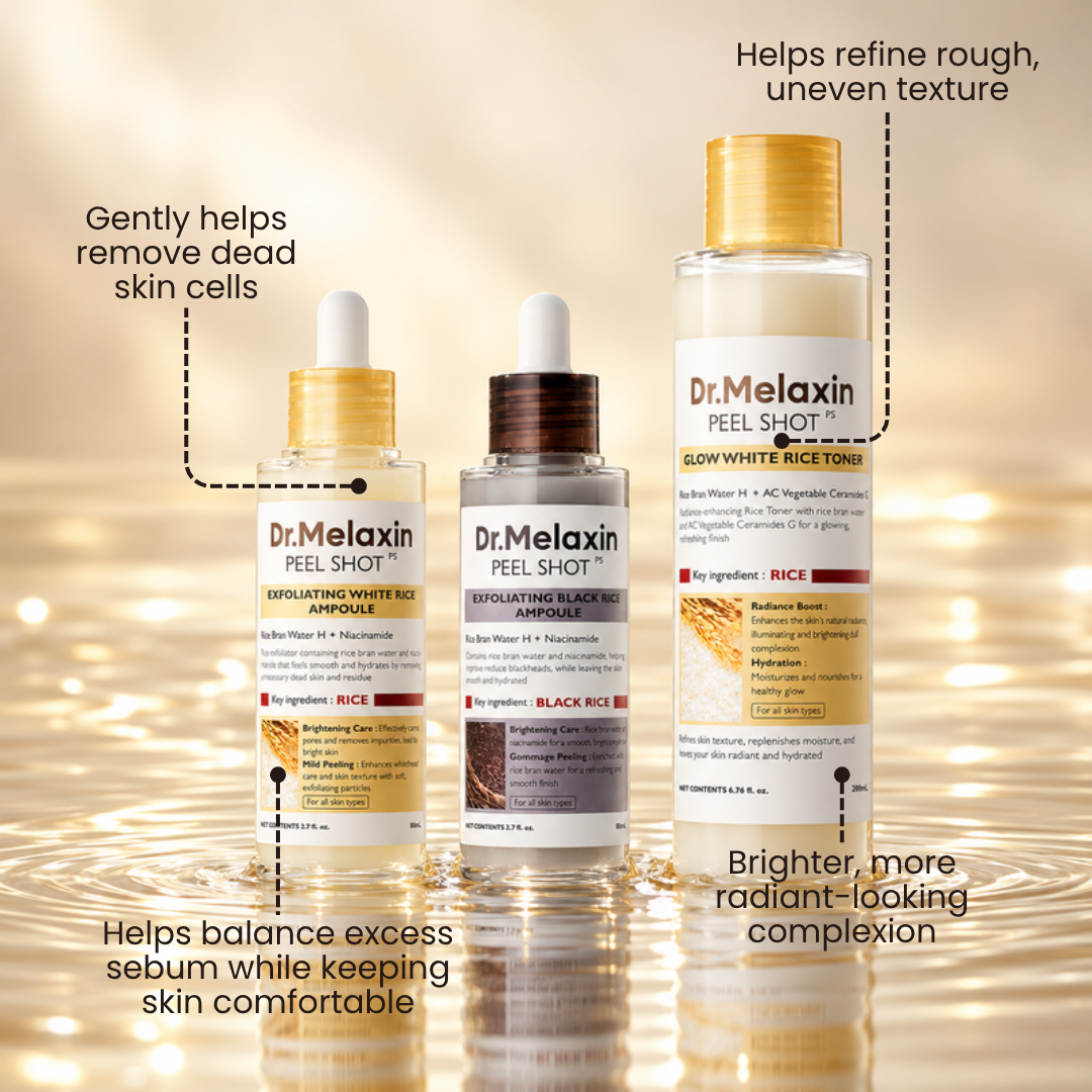 Dr.Melaxin Peel Shot white rice ampoule, black rice ampoule and toner on golden water