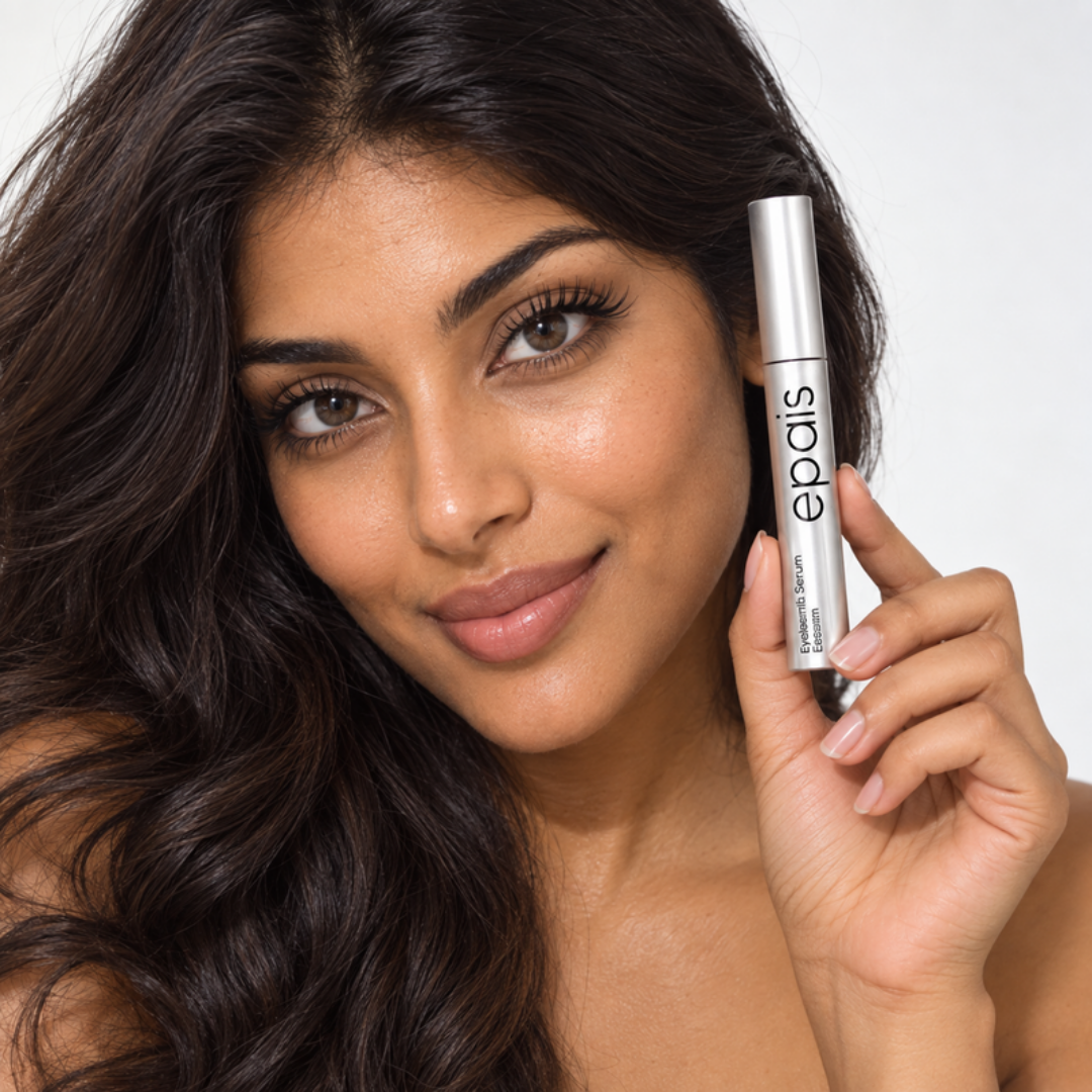 Smiling woman holding EPAIS Essential Eyelash Growth Serum beside her face