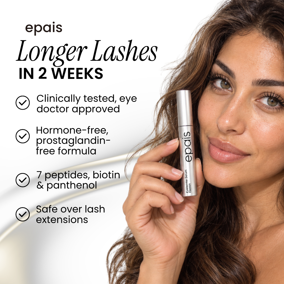 Woman holding EPAIS Essential Eyelash Growth Serum next to her face with a feature list