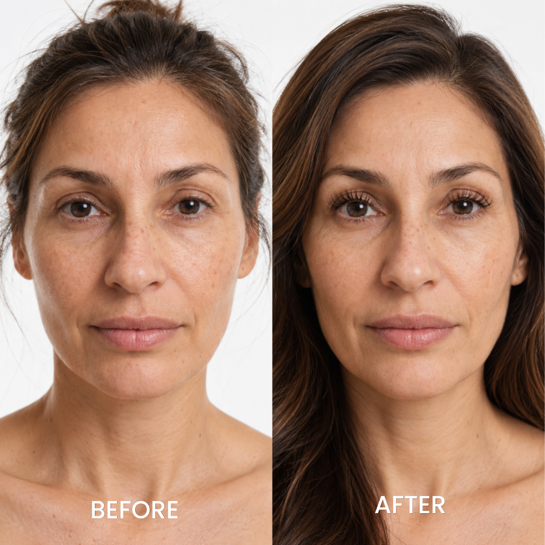 Before and after portrait of a woman using EPAIS Essential Eyelash Growth Serum