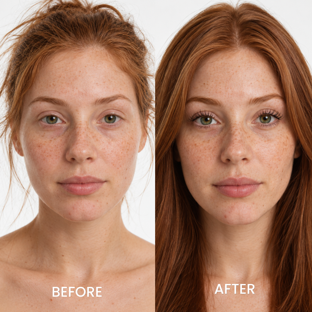 Before and after portrait of a redhead woman using EPAIS Essential Eyelash Growth Serum