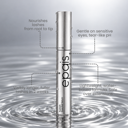 EPAIS Essential Eyelash Growth Serum tube standing in water with feature callouts