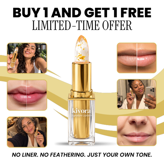 Medicode pH-color-changing lipstick shown with customer before and after lip photos