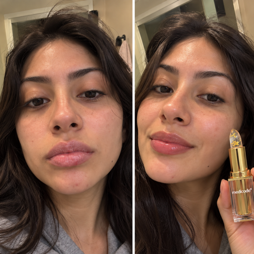 tinted lip balm applied on mature lips, bare and after one swipe