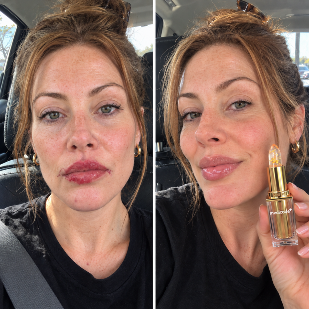 pH color changing lipstick on mature lips, bare and one swipe later