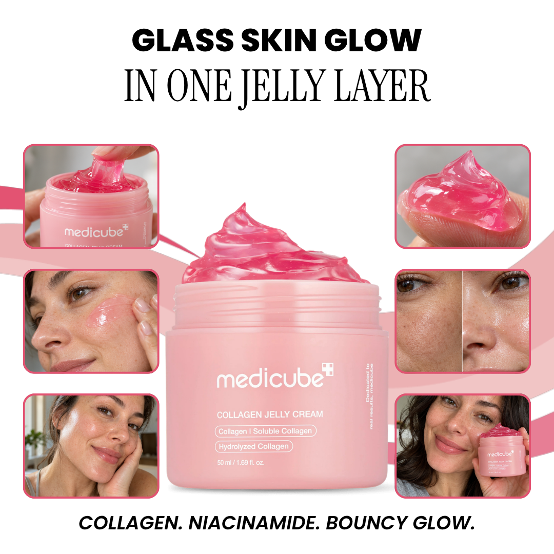 Medicube Collagen Niacinamide Jelly Cream jar with close-up photos of the jelly texture and skin