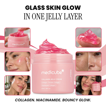 Medicube Collagen Niacinamide Jelly Cream jar with close-up photos of the jelly texture and skin