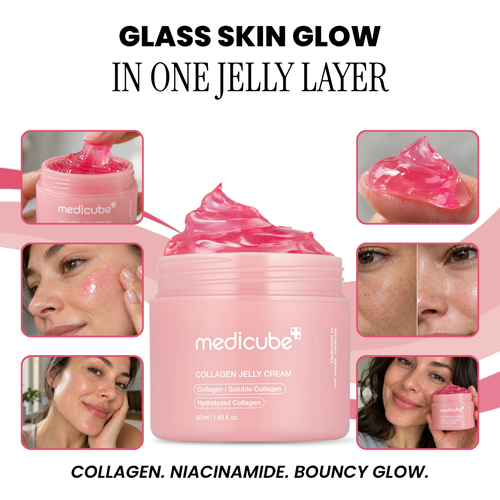 Medicube Collagen Niacinamide Jelly Cream jar with close-up photos of the jelly texture and skin